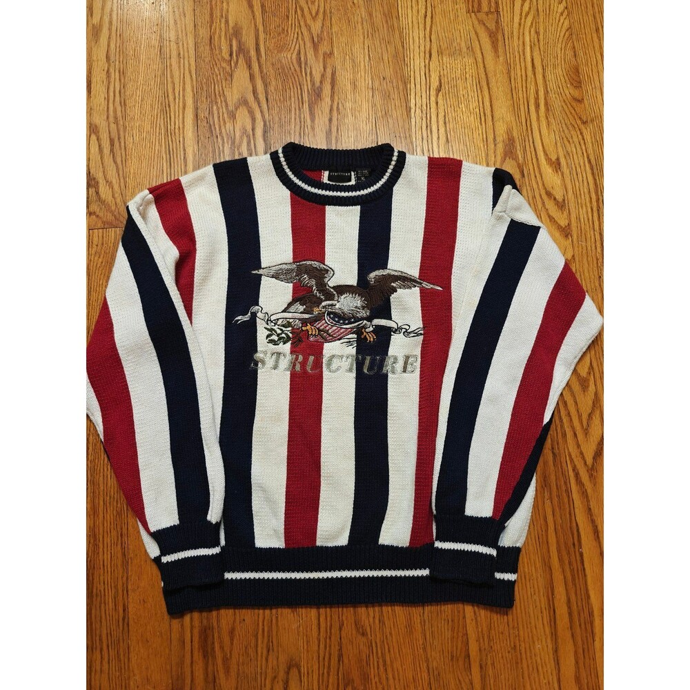 Vintage Structure Sweater Mens XL Red White Blue Striped Eagle USA Patriotic 90s